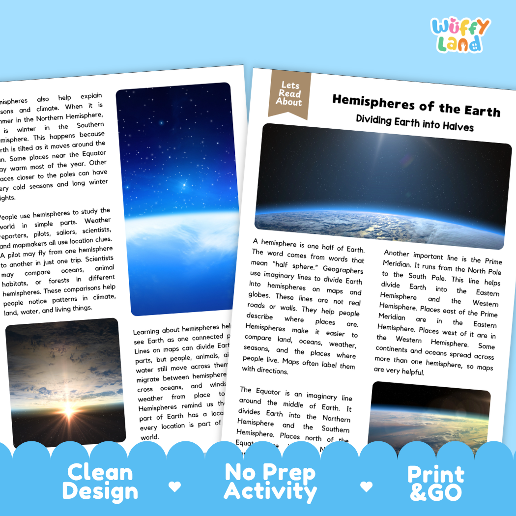 Teacher answer key page showing complete question solutions for hemispheres of the Earth reading comprehension practice