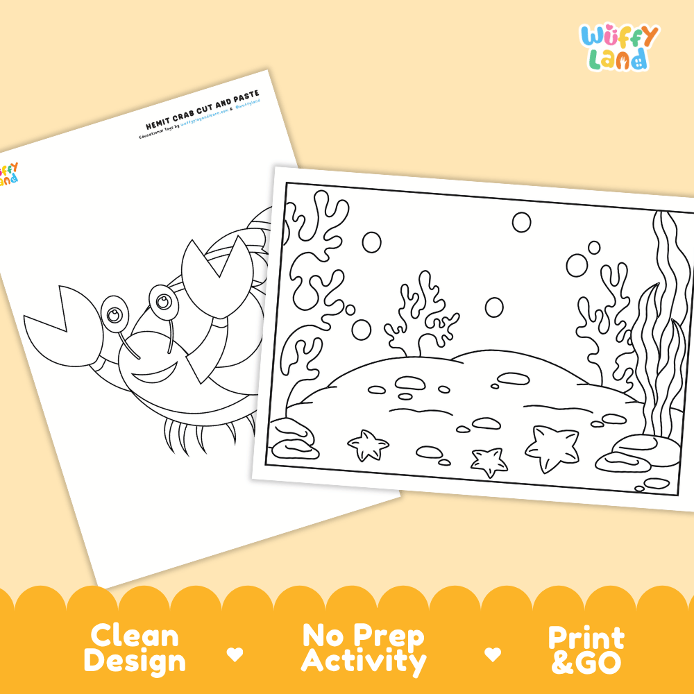 Hermit Crab Cut and Paste Craft and Coloring Activity Worksheets