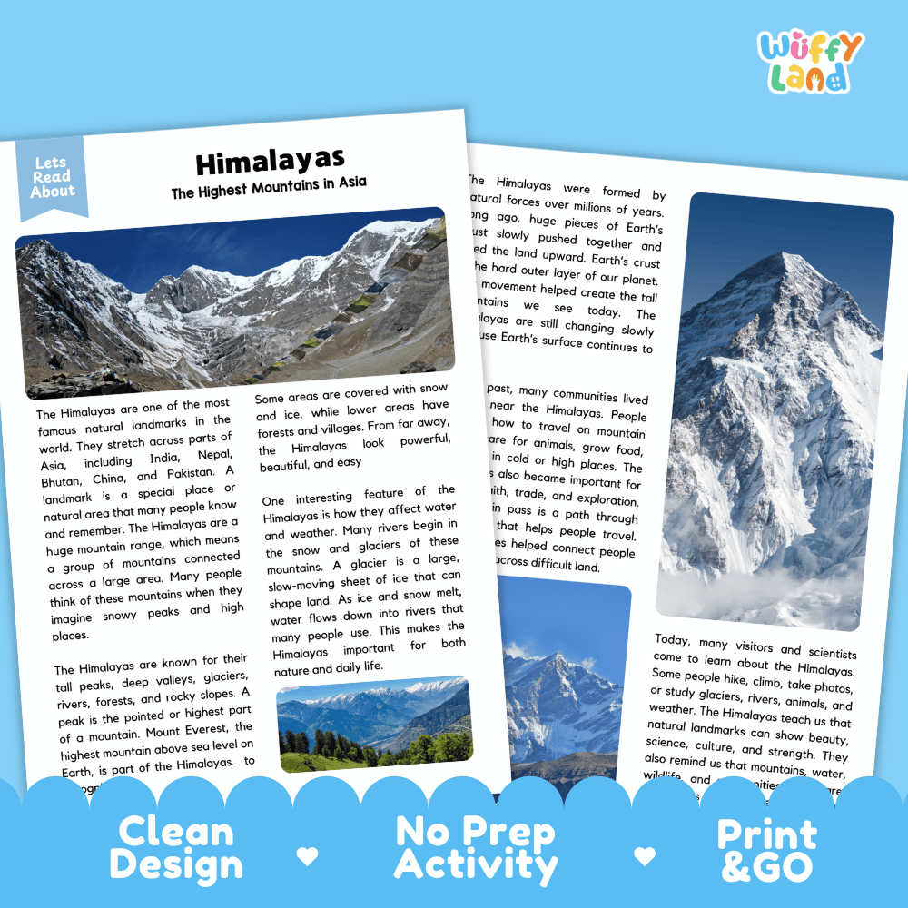 Reference sheet and answer key for Himalayas landmark reading passage displaying completed comprehension answers and Asian mountain facts