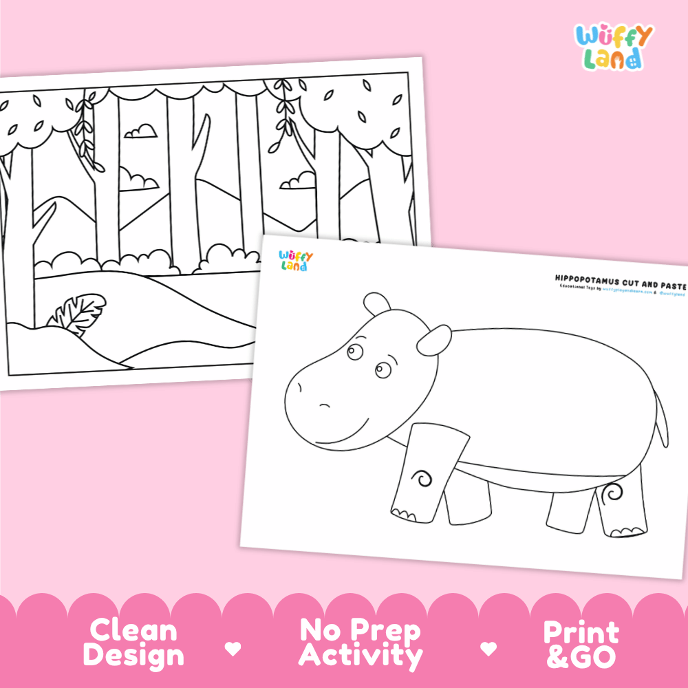 Hippopotamus Cut and Paste Craft and Coloring Activity Worksheets