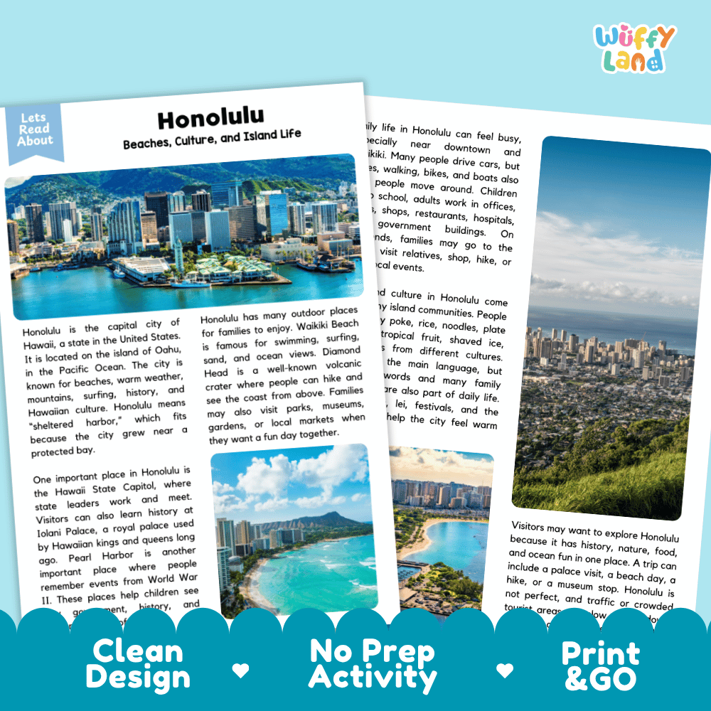 Reference sheet and answer key for Honolulu landmark reading passage displaying completed comprehension answers and United States geography facts