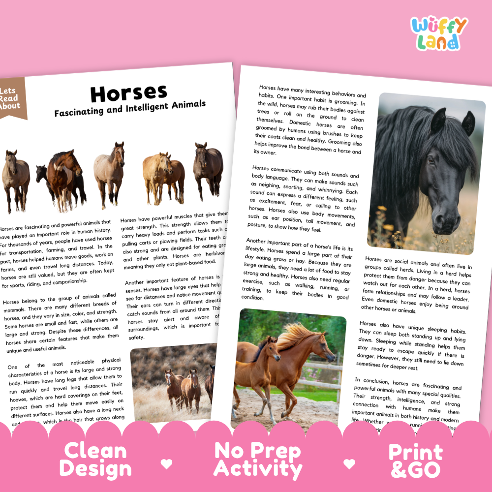 Two printed activity sheets about horses laid on a pink background. The sheets show text, small horse photos, and one larger horse photo on the right page.
