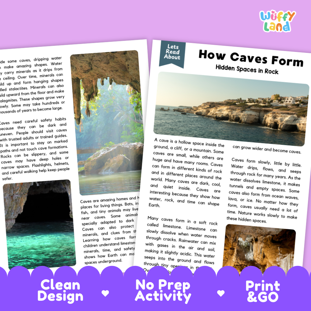 Teacher answer key page showing complete question solutions for how caves form reading comprehension practice