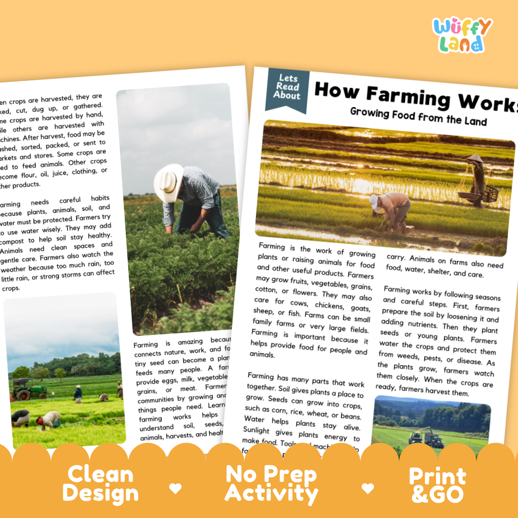Teacher answer key page showing complete question solutions for farming agriculture reading comprehension practice