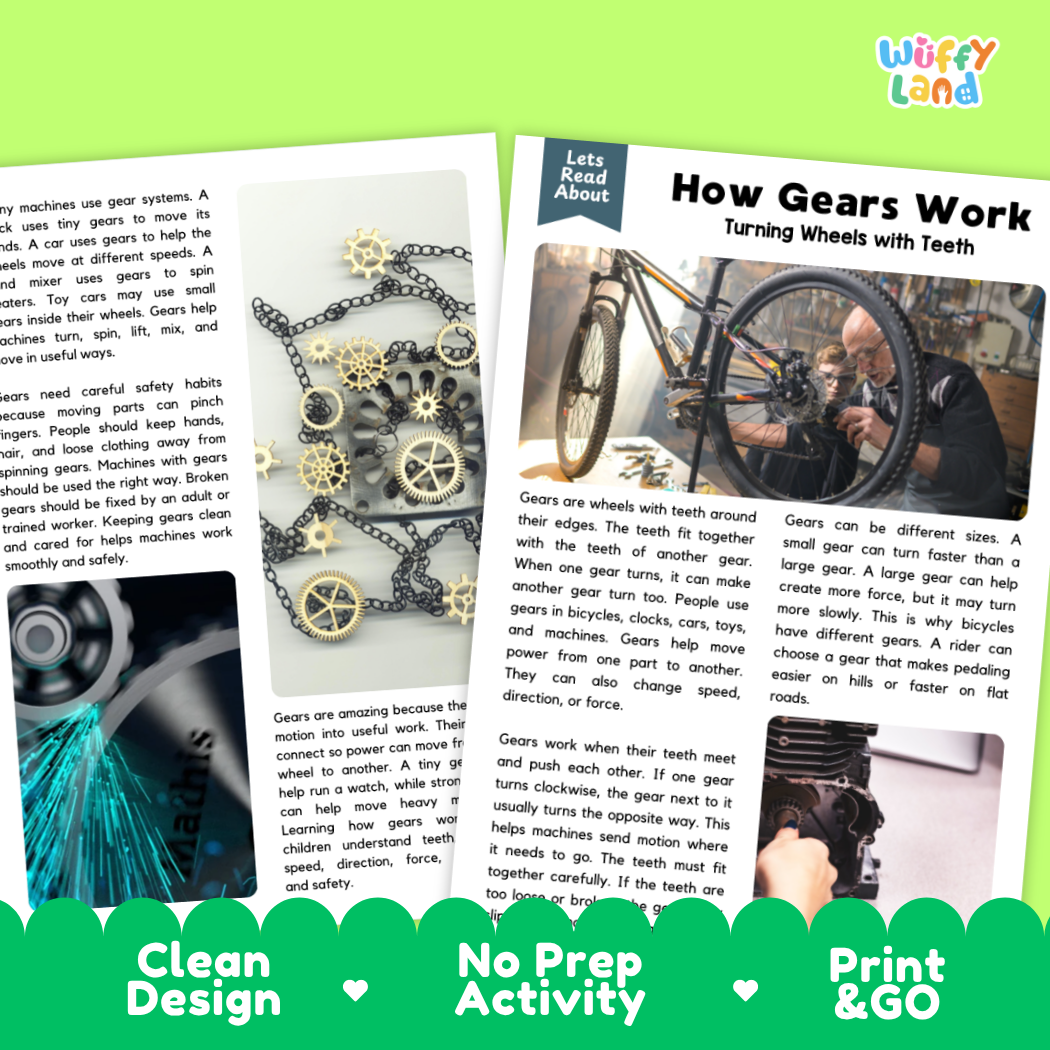 Teacher answer key page showing complete question solutions for How Gears Work physical science reading comprehension practice