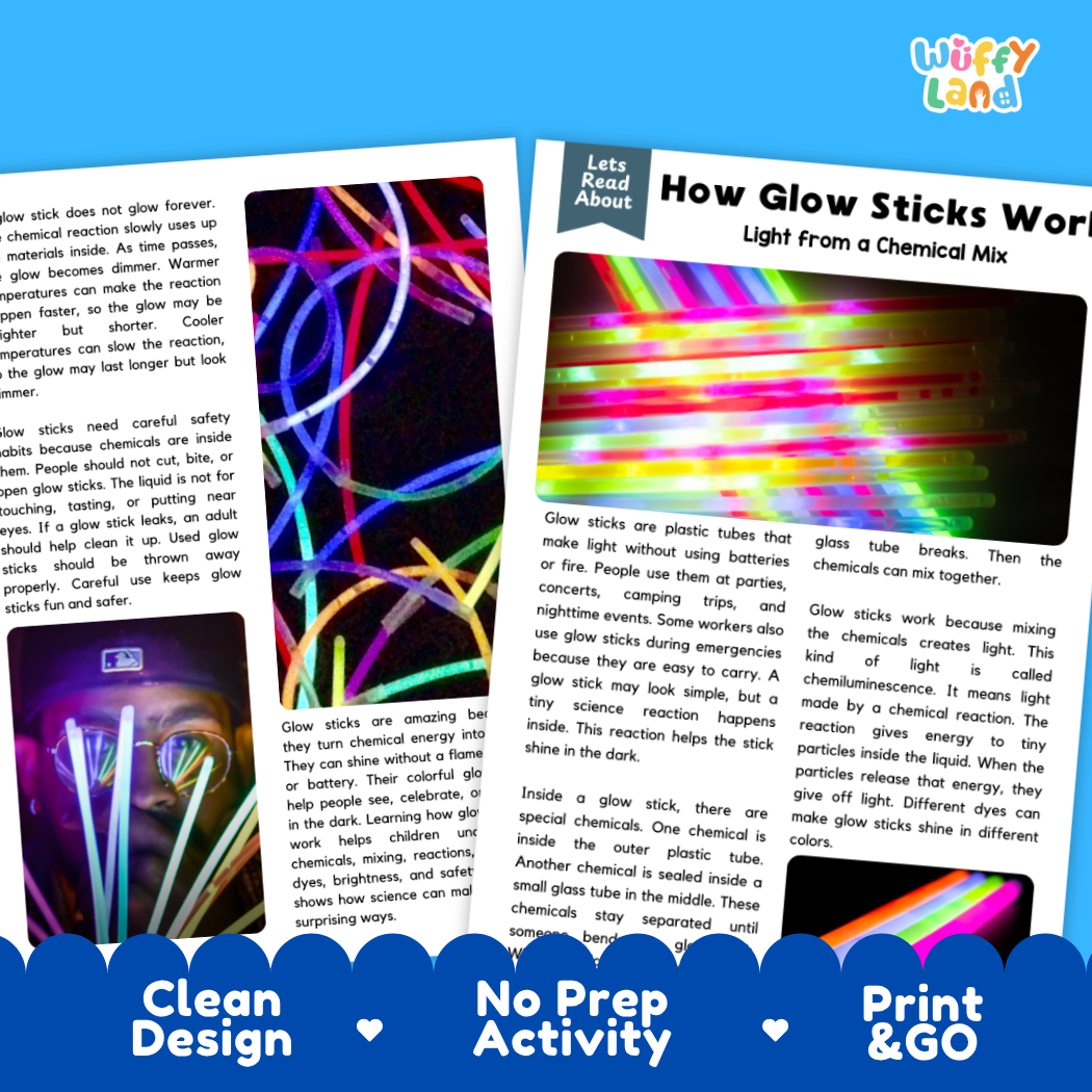 Teacher answer key page showing complete question solutions for How Glow Sticks Work physical science reading comprehension practice