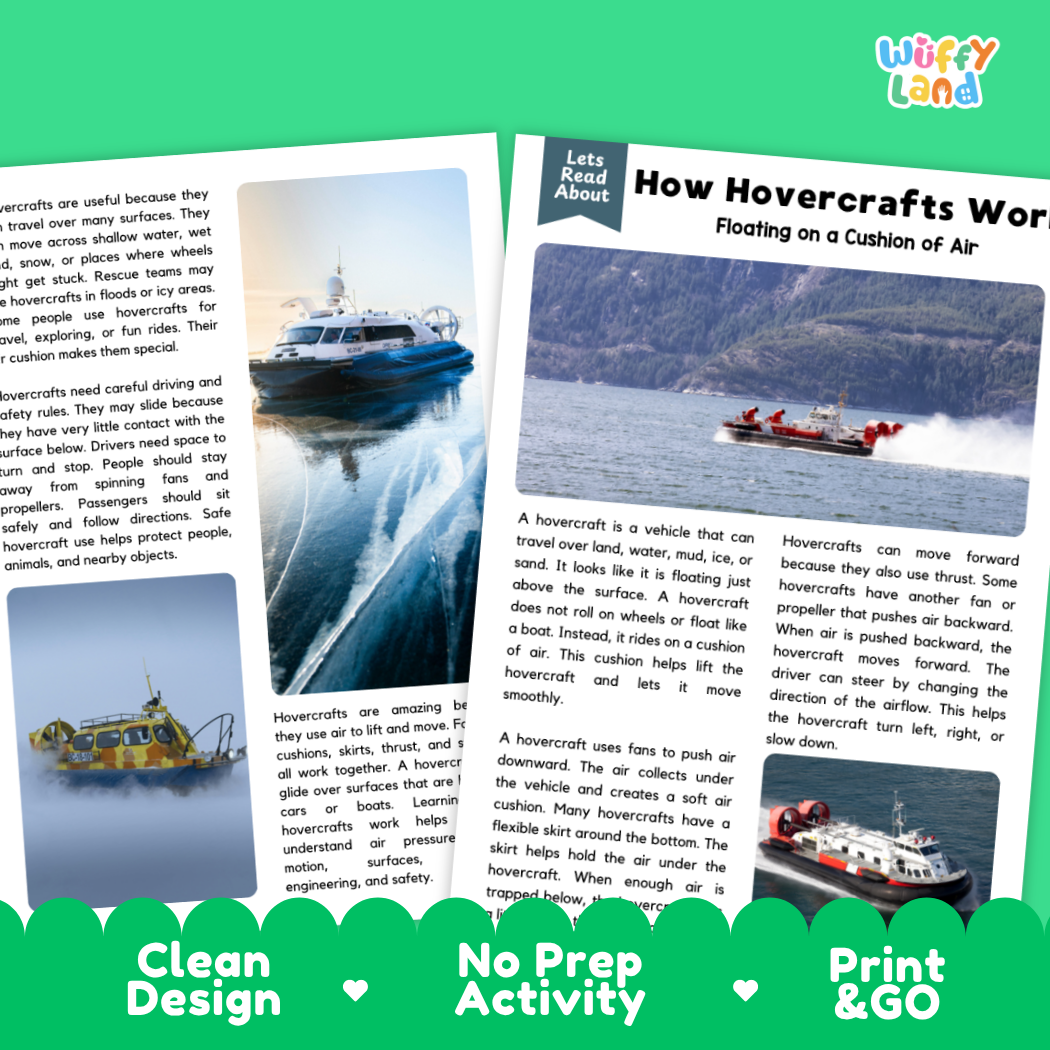 Teacher answer key page showing complete question solutions for How Hovercrafts Work physical science reading comprehension practice