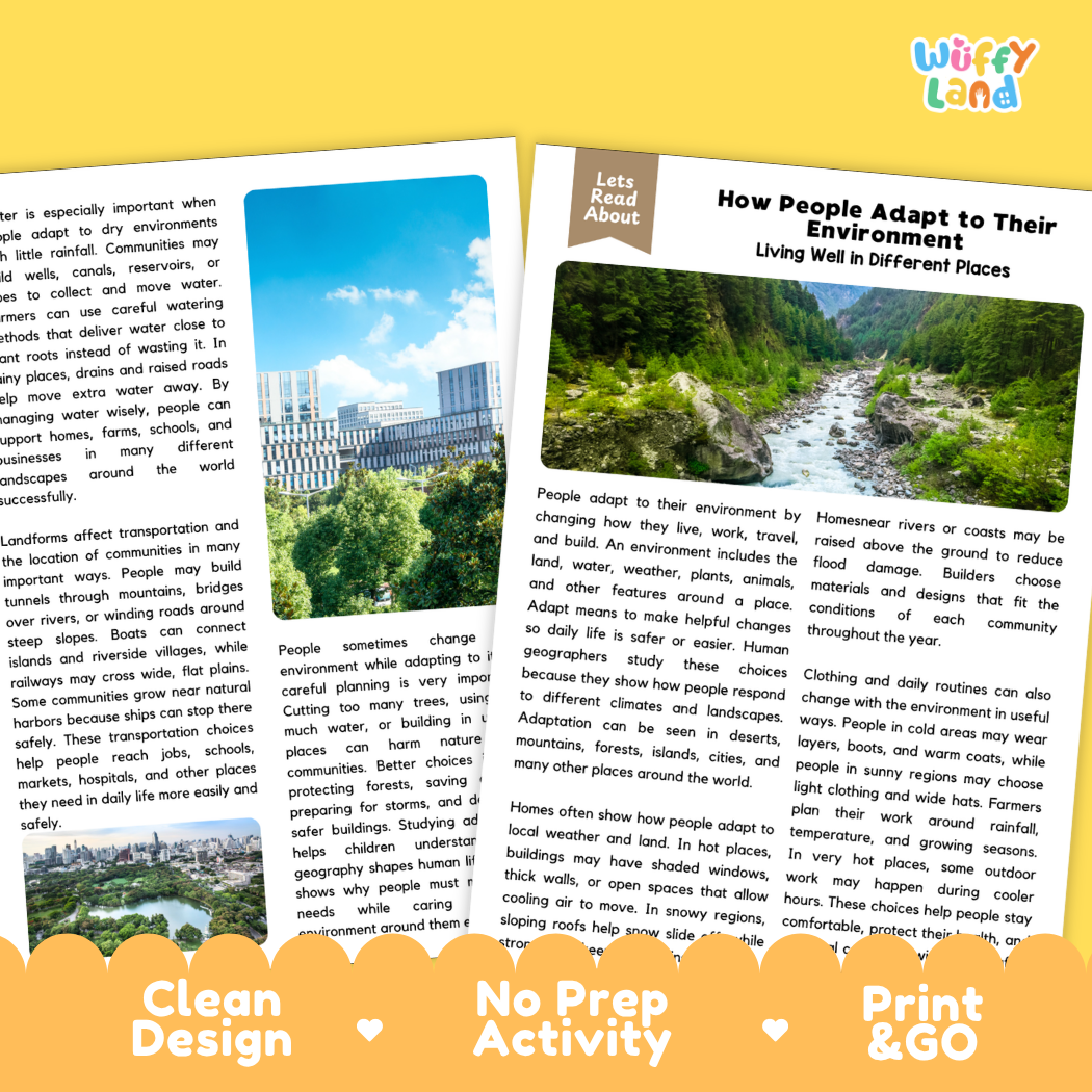 Teacher answer key page showing complete question solutions for How People Adapt to Their Environment human geography reading comprehension practice