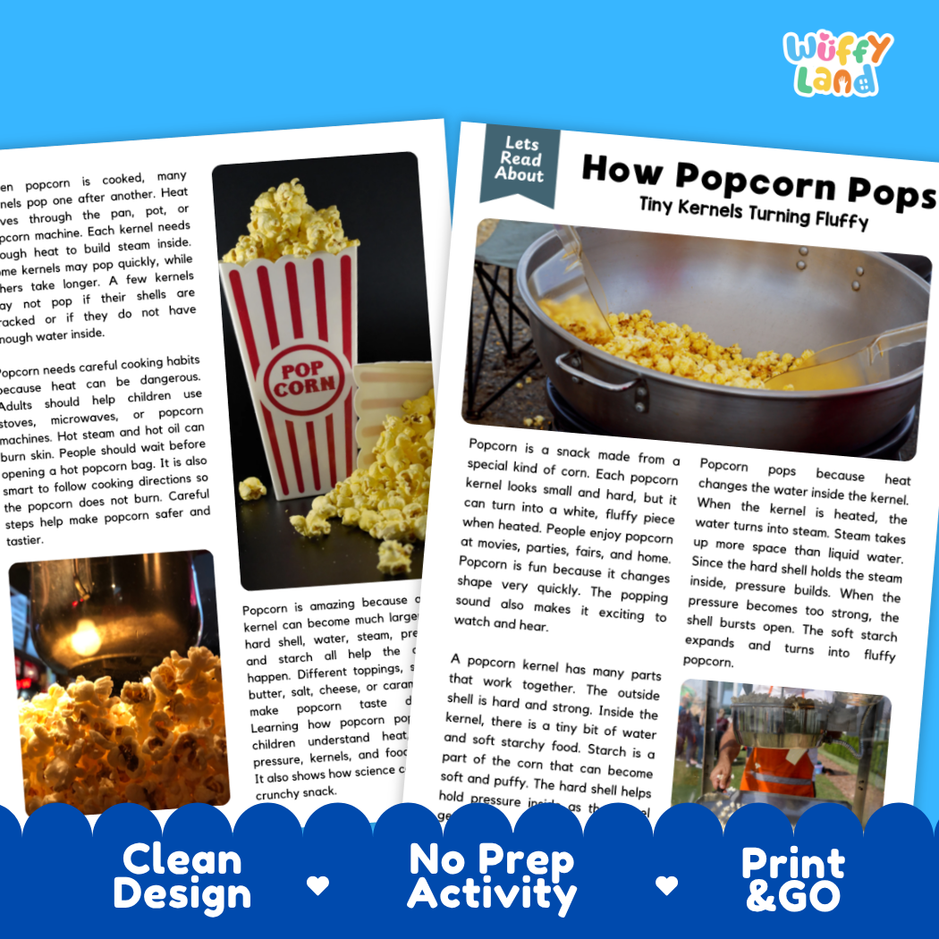 Teacher answer key page showing complete question solutions for popcorn popping food science reading comprehension practice