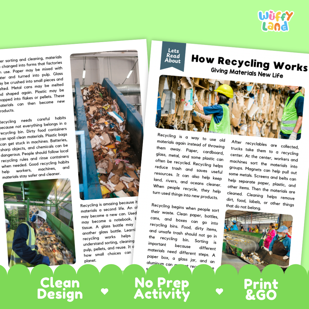 Teacher answer key page showing complete question solutions for recycling environmental science reading comprehension practice