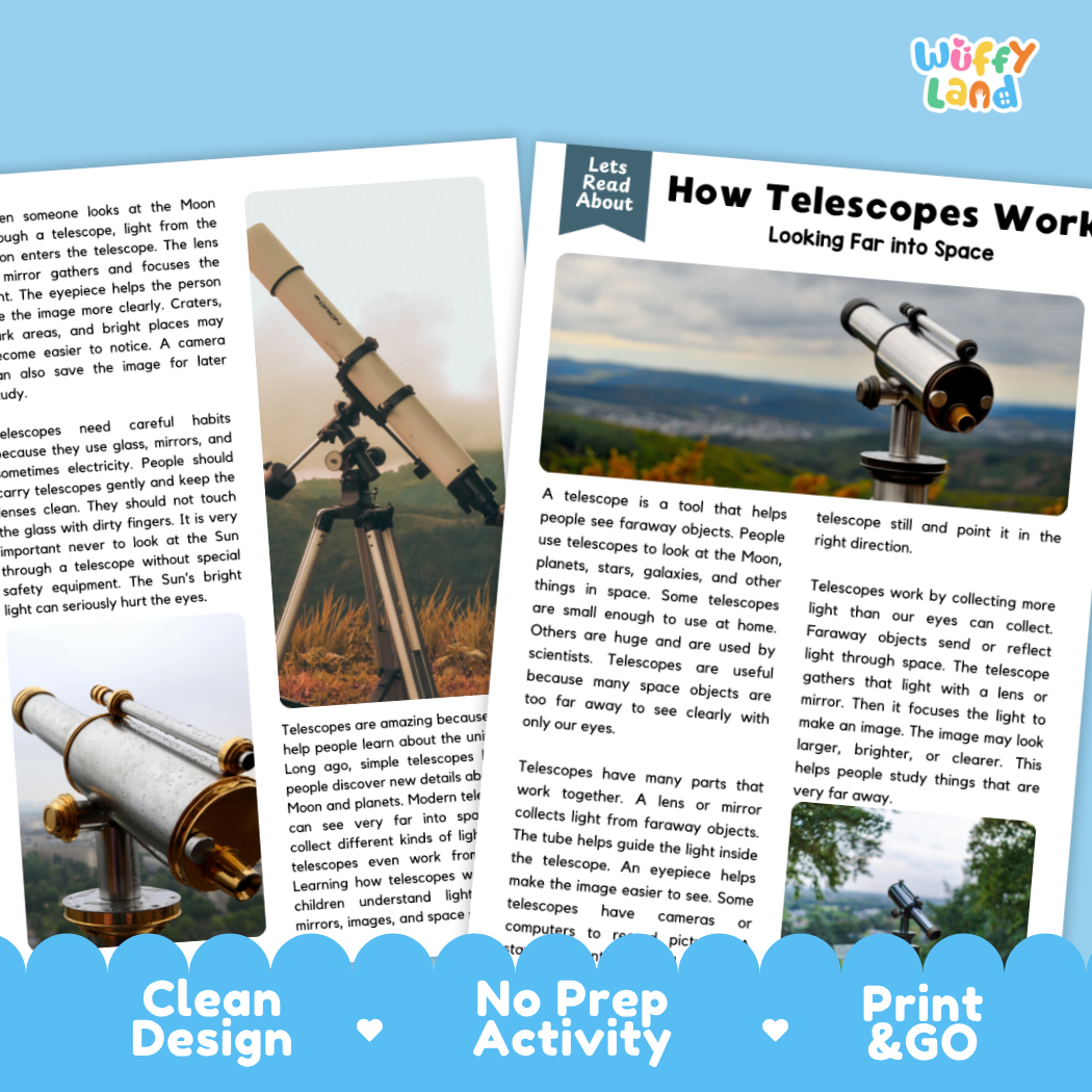 Teacher answer key page showing complete question solutions for telescopes reading comprehension practice