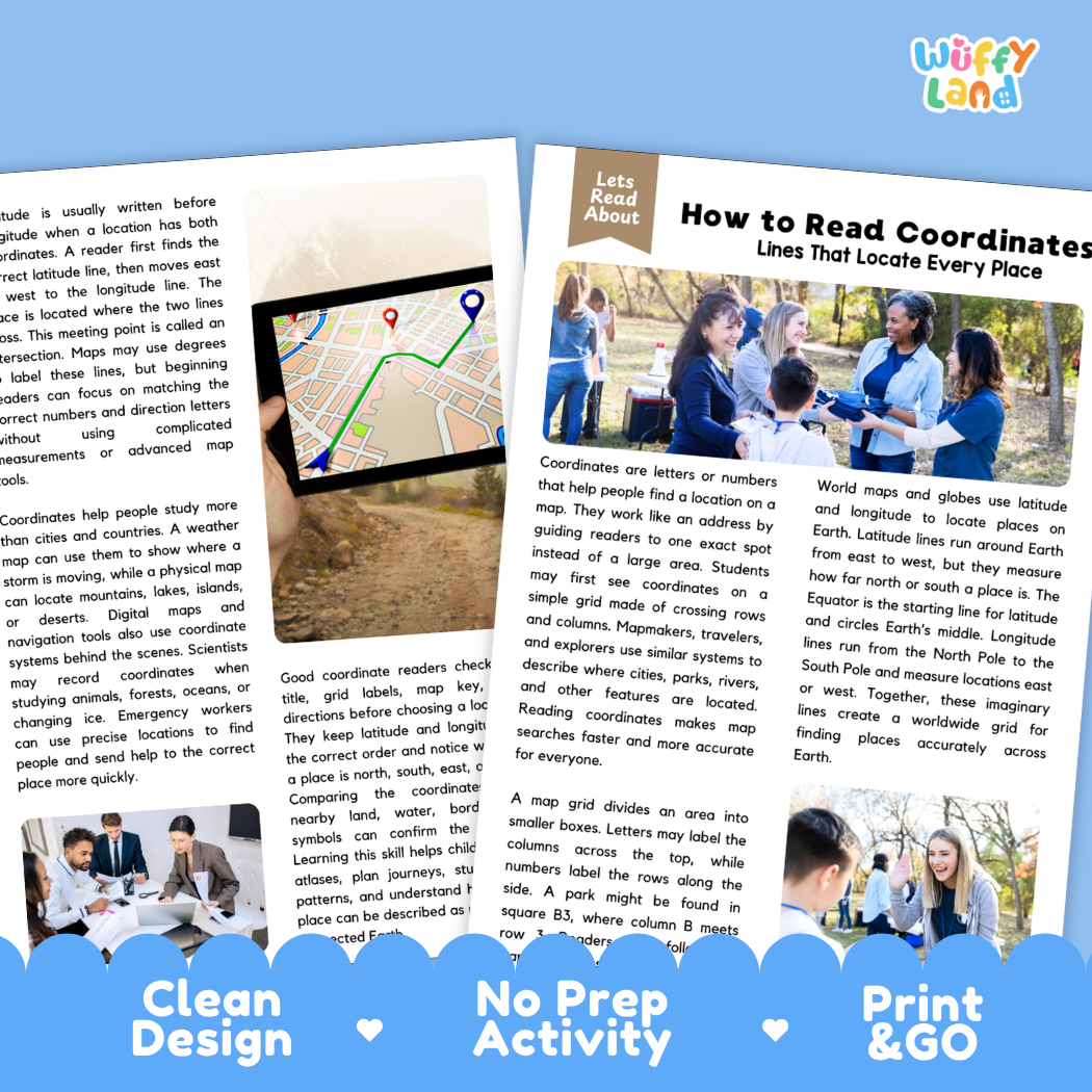 Teacher answer key page showing complete question solutions for How to Read Coordinates geography skills reading comprehension practice