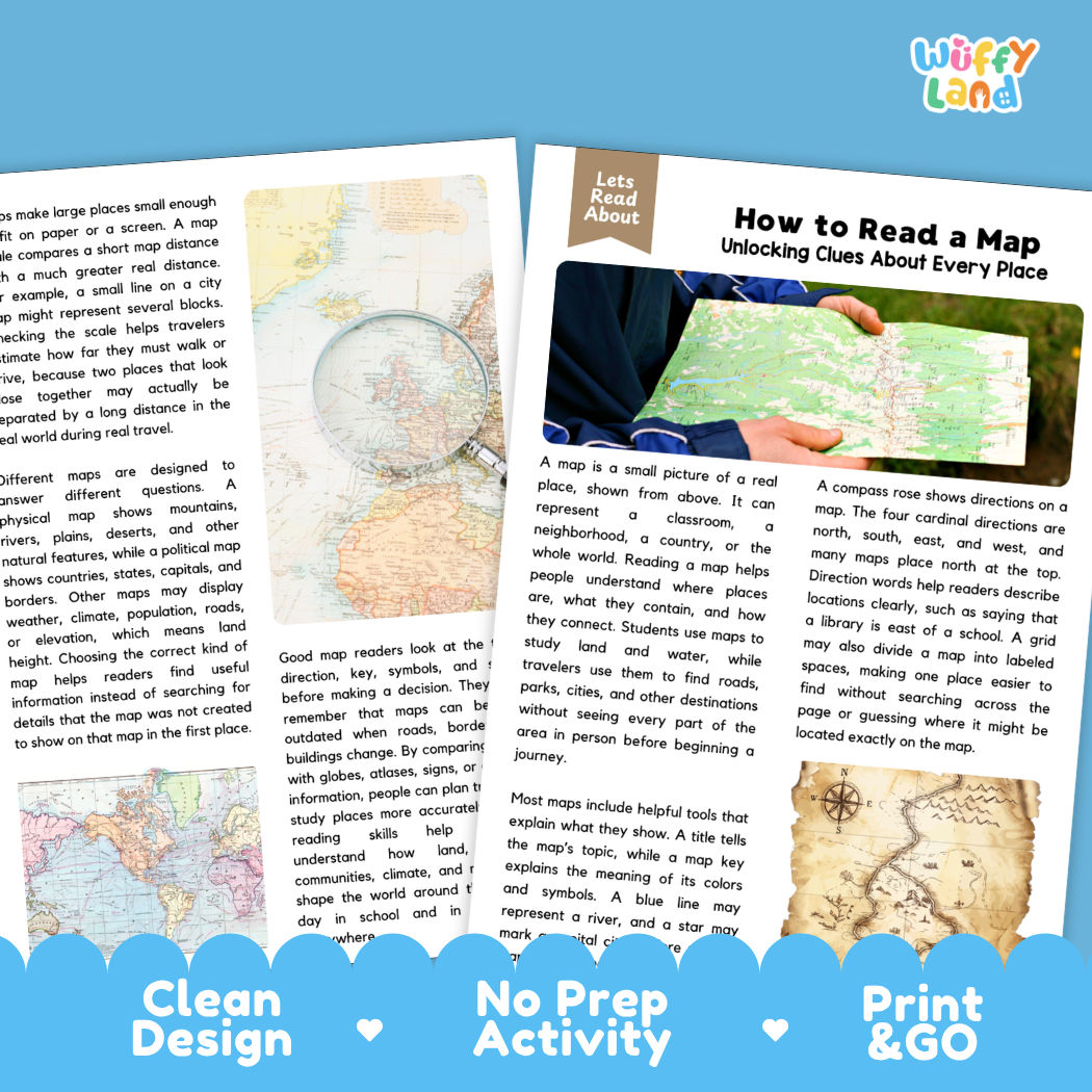 Teacher answer key page showing complete question solutions for How to Read a Map geography skills reading comprehension practice
