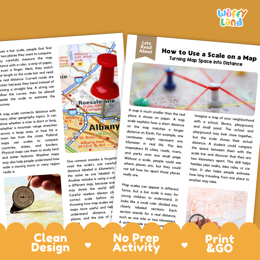 Teacher answer key page showing complete question solutions for How to Use a Scale on a Map geography and math skills reading comprehension practice