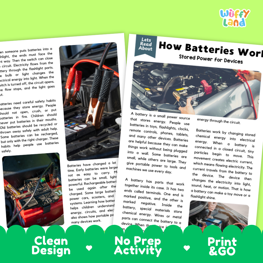 An educational poster titled 'How Batteries Work' with two photos of children demonstrating battery use, surrounded by green callout labels reading 'Clean Design', 'No Prep Activity', and 'Print & GO'.