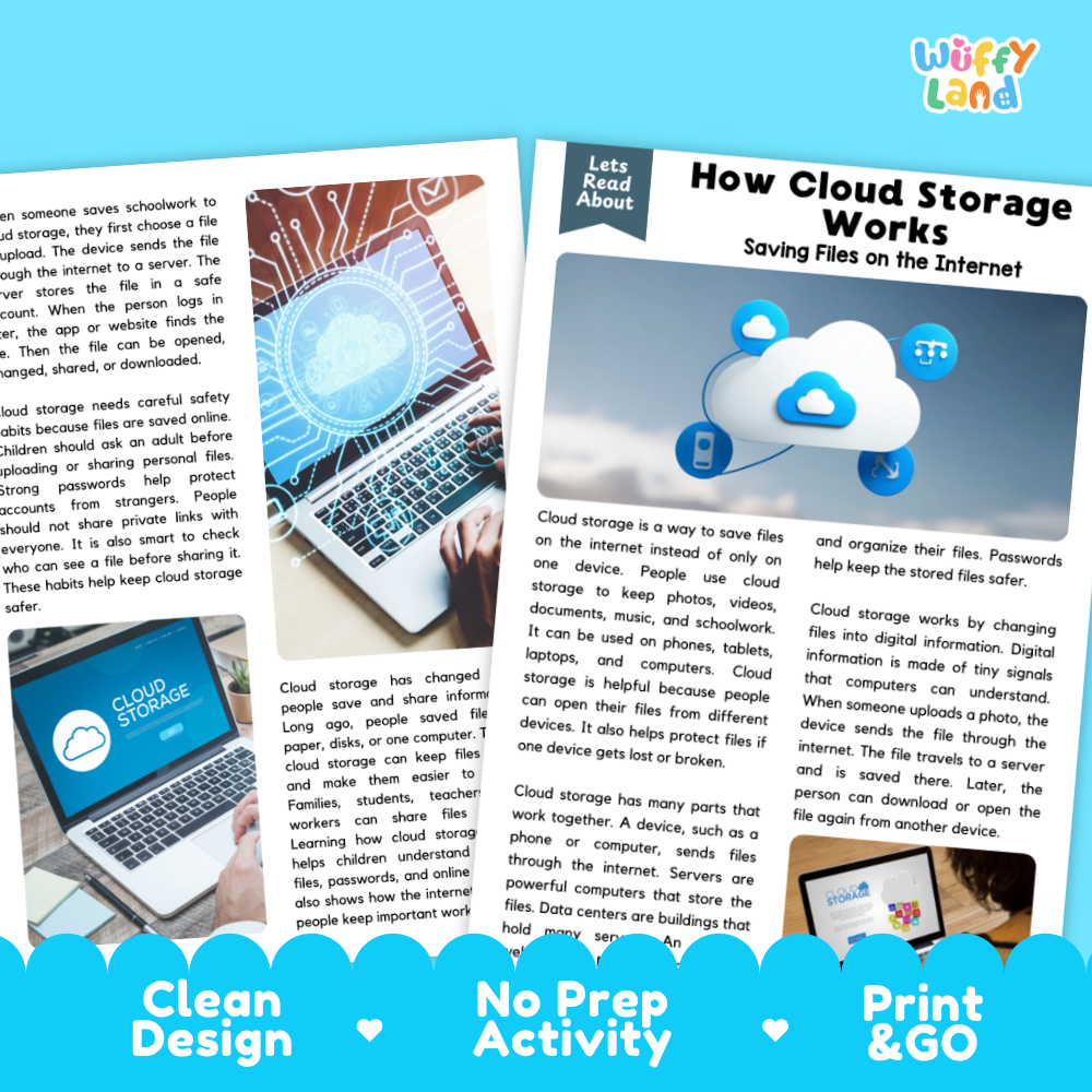 Three printed cloud storage awareness posters displayed side by side on a white background. The posters feature educational text, a gingerbread man with a cloud icon, a blue cloud storage icon, and the 'Wuffly Land' brand logo in the top right corner.