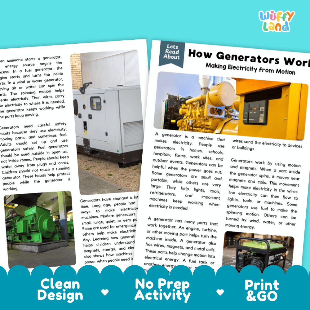 An educational poster titled 'How Generators Work' from 'Wuffly Land' featuring a photo of a small gasoline generator running, alongside text explaining how generators work and three sample school bus photos labeled 'Clean Design', 'No Prep Activity', and 'Print & Go'.