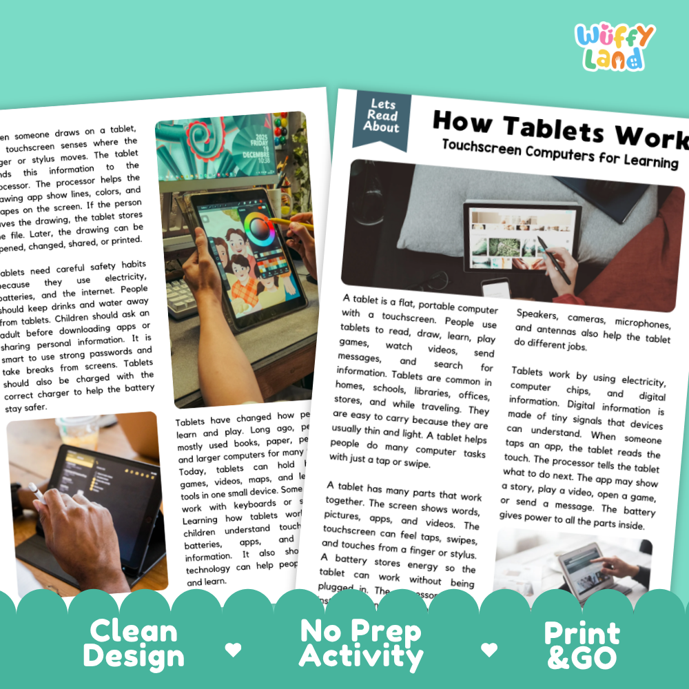 A printed educational activity sheet about tablets for learning, featuring colorful headers, text blocks, and small photos of a tablet and its parts. The sheet includes the brand name 'Wuffy Land' in the top right corner.