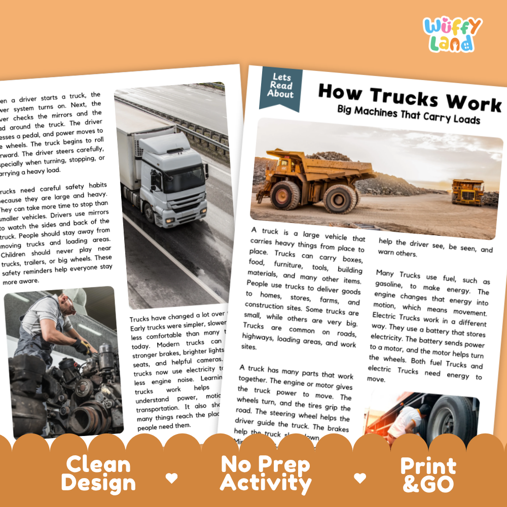 How Trucks Work Reading Passage and Questions Printable Worksheets with Answer Key