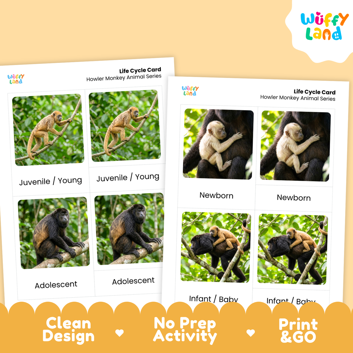 Two printable life cycle cards for howler monkey animal series shown on a warm beige background with a Wuffy Land logo. The cards feature labeled photos of monkey stages: juvenile/young, adolescent, newborn, and infant/baby.