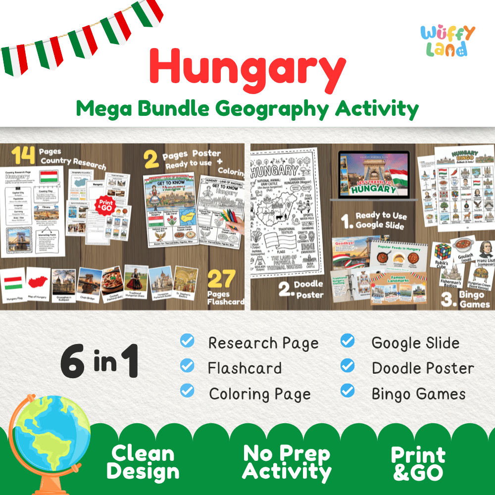 Complete Hungary geography activity bundle featuring Google Slides, doodle coloring poster, and classroom bingo games 🇭🇺🎒