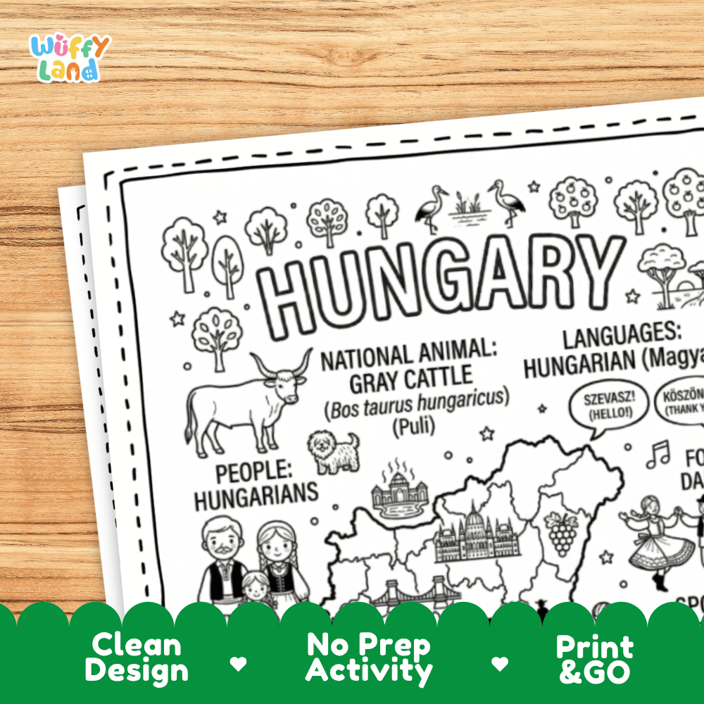 Cultural coloring page featuring traditional Hungarian embroidered folk attire, ceramics, folk dance, and Szevasz greeting speech bubbles
