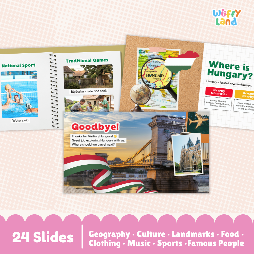 Hungary educational slide deck cover and preview pages from Wuffiy Land, featuring a collage of slides about Hungarian sports, traditional games, geography, culture, landmarks, food, clothing, music, and sports. The cover displays the Wuffiy Land logo and a pink patterned background.