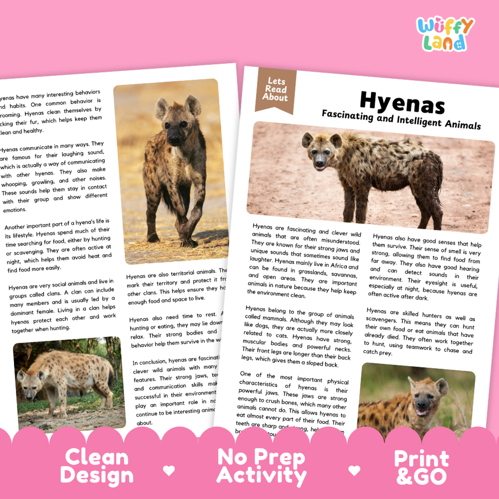 Two printed activity cards for a children's educational activity about hyenas, shown on a white background with pink promotional text along the bottom. The cards feature a warm tan/beige border and black text.