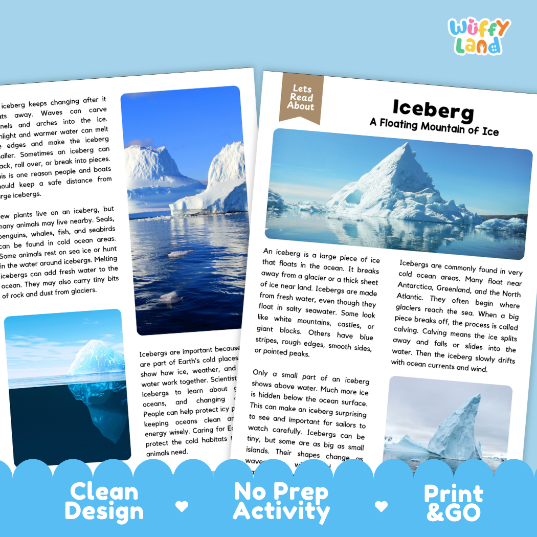 Teacher answer key page showing complete question answers for iceberg reading comprehension practice