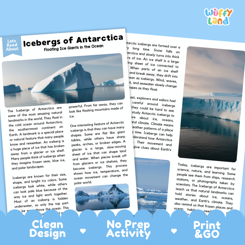 Reference sheet and answer key for Icebergs of Antarctica landmark reading passage displaying completed comprehension answers and polar earth science facts
