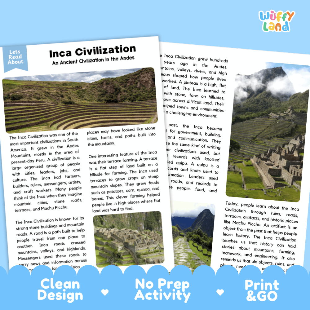 Reference sheet and answer key for Inca Civilization landmark reading passage displaying completed comprehension answers and South American history facts