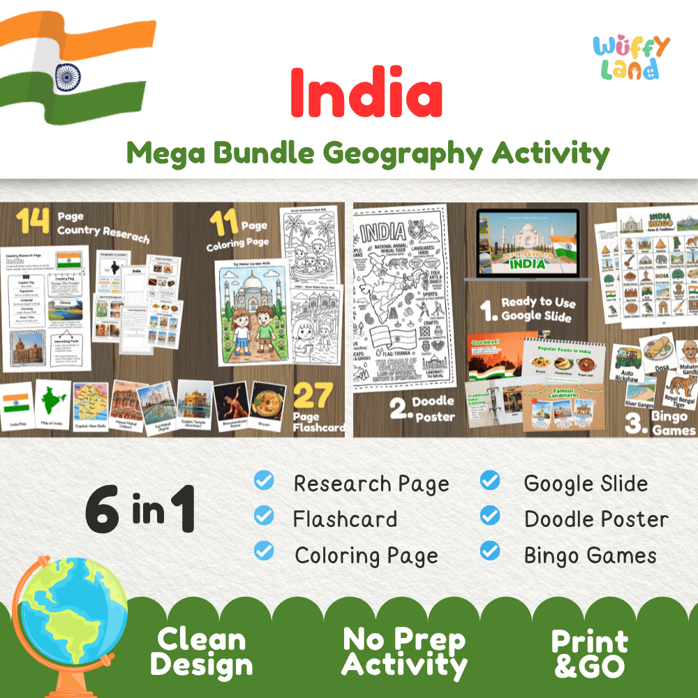 Complete India geography activity bundle featuring Google Slides, doodle coloring poster, and classroom bingo games 🇮🇳🎒