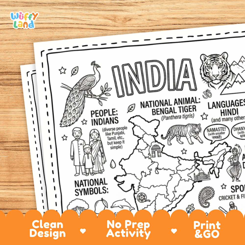 Cultural coloring page featuring traditional Indian sari, Bhangra and Kathak dance, Madhubani art, and Namaste greeting speech bubbles