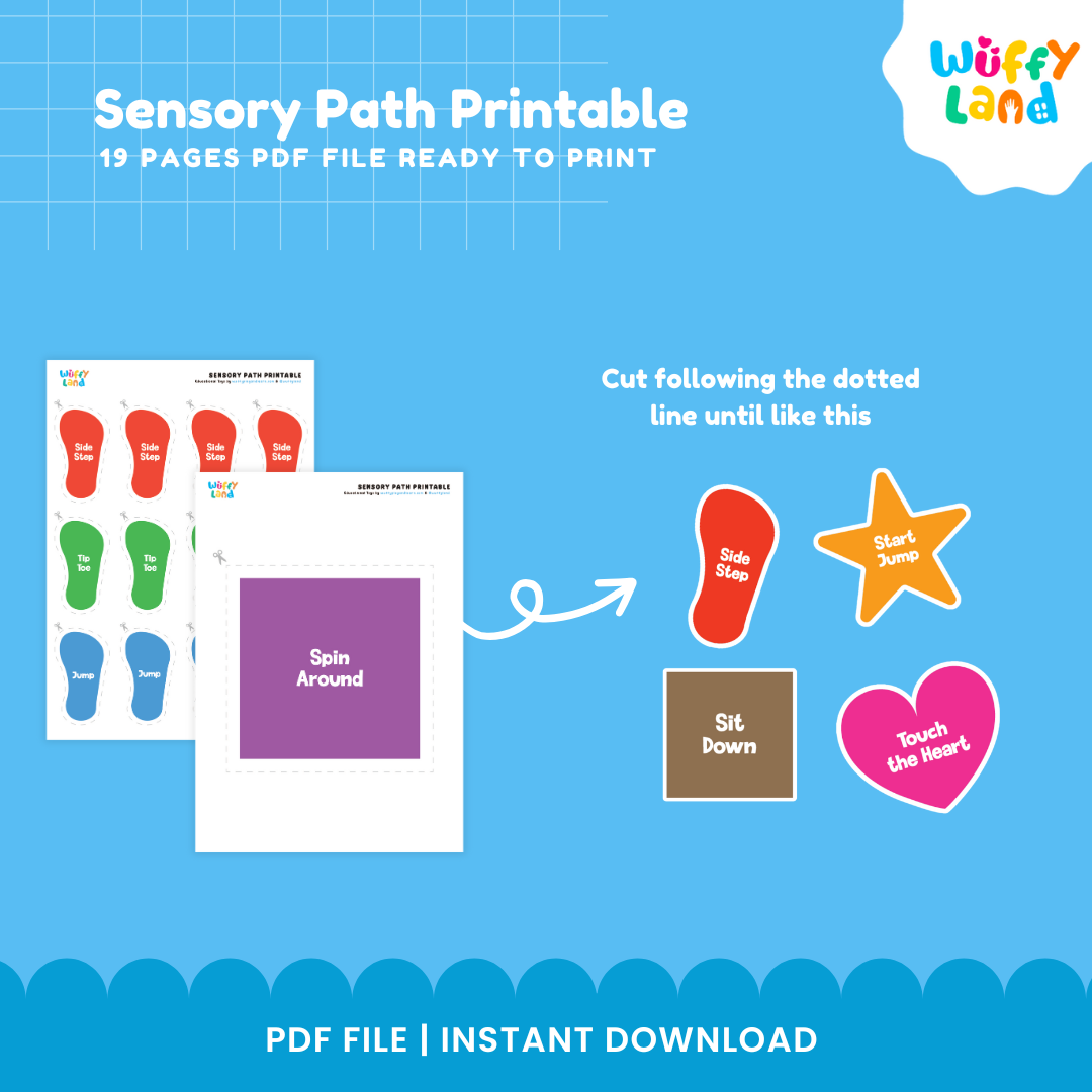 Preschool gross motor activity with printable movement path pieces for active play, coordination and body movement practice for kids