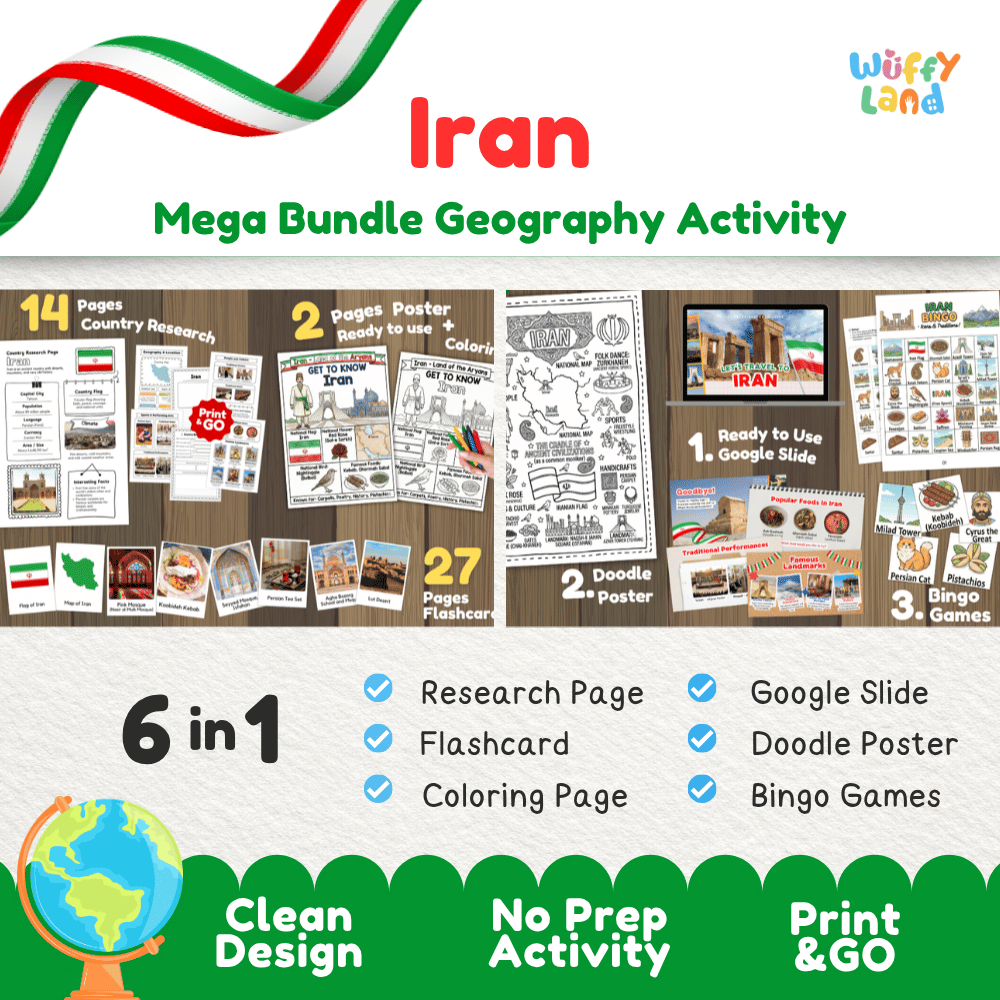 Complete Iran geography activity bundle featuring Google Slides, doodle coloring poster, and classroom bingo games 🇮🇷🎒