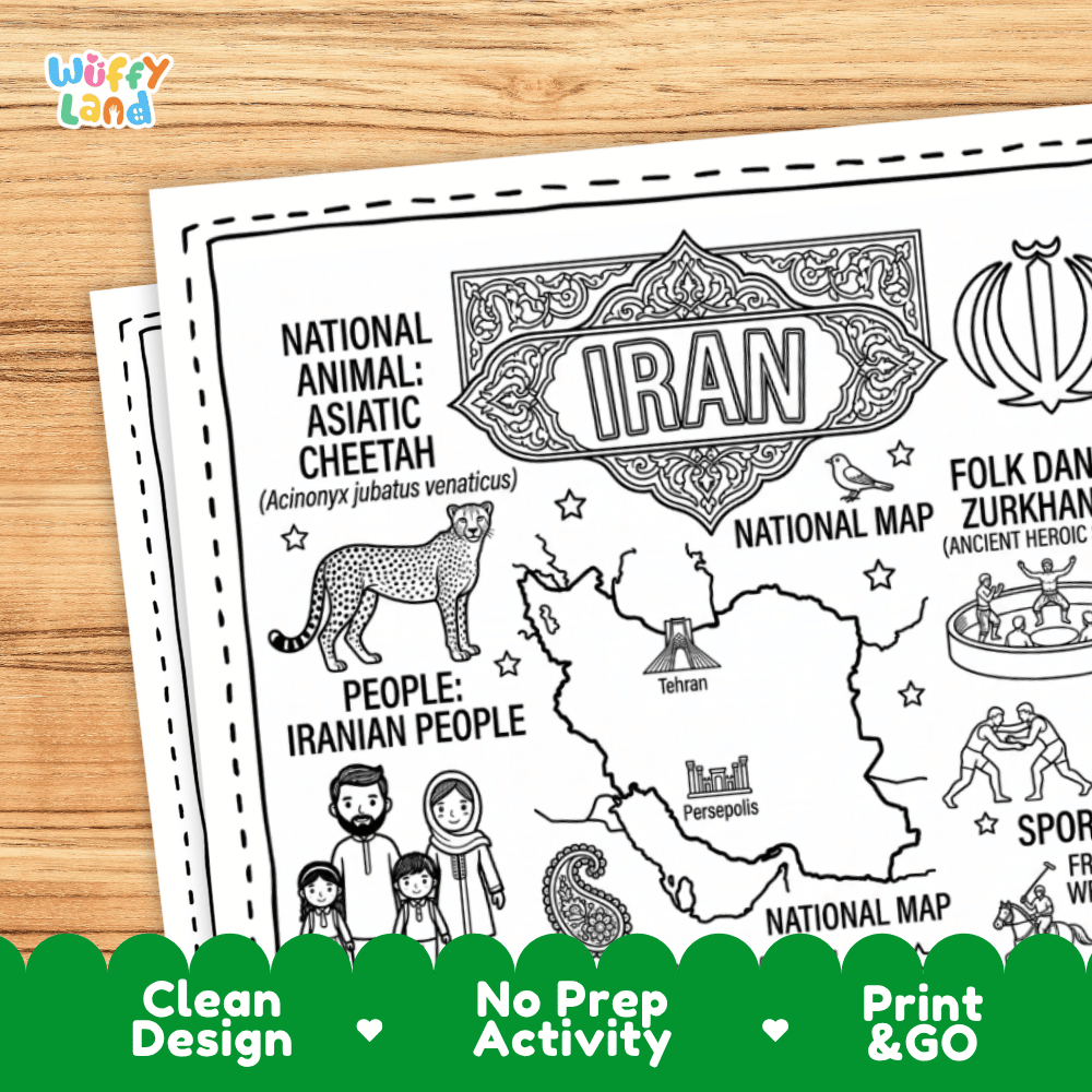 Cultural coloring page featuring traditional Iranian attire, Zurkhaneh ancient sports, Persian carpet weaving, and Minakari pottery