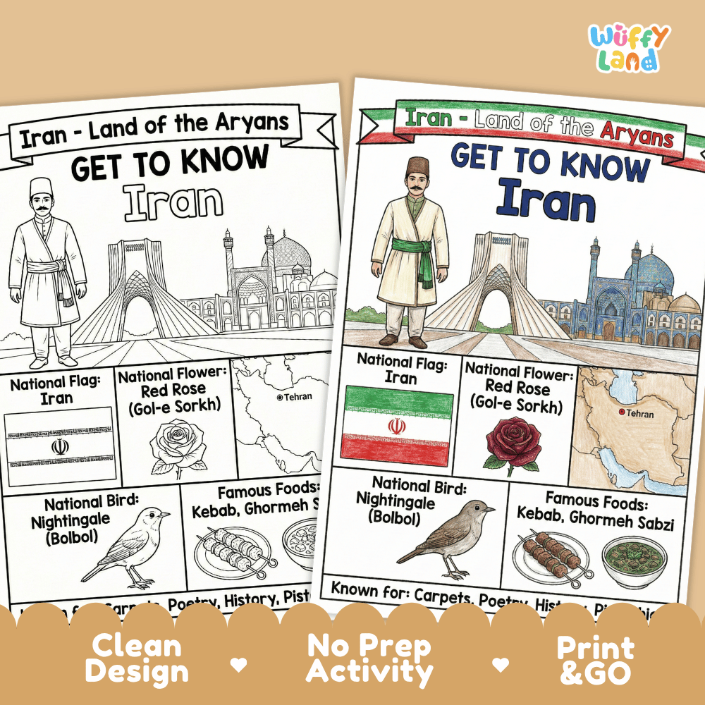 Iran Geography Coloring Poster | Country Study Research Worksheet Activity