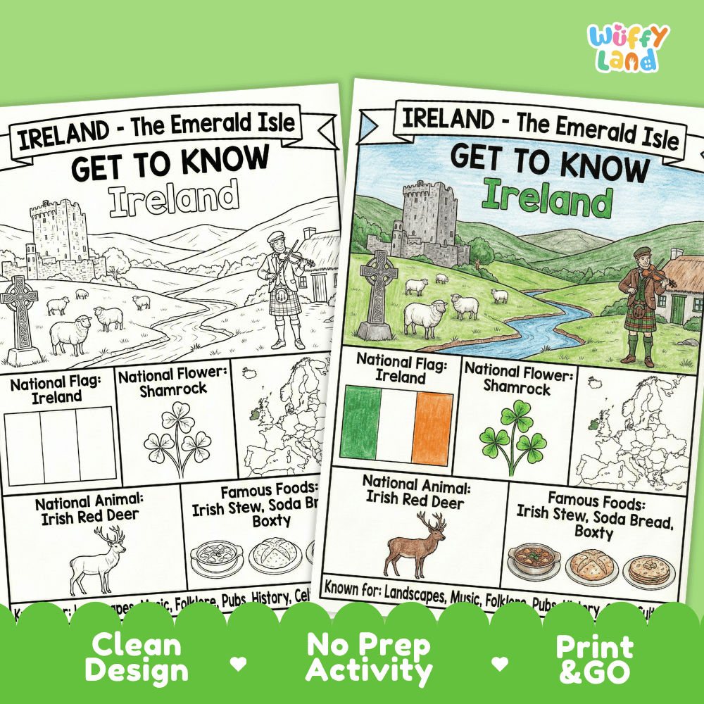 Ireland Geography Coloring Poster and Fact Sheet Printable Worksheets