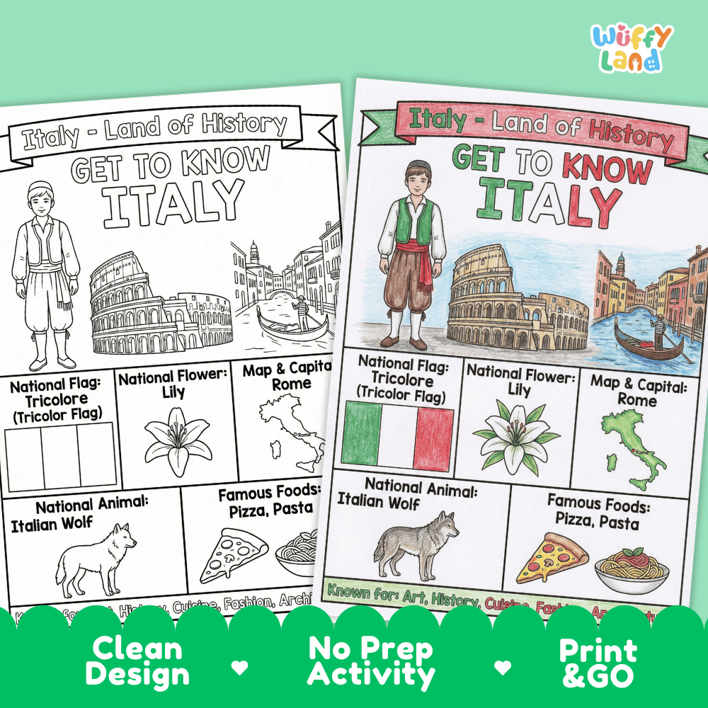Italy Geography Coloring Poster and Fact Sheet Printables