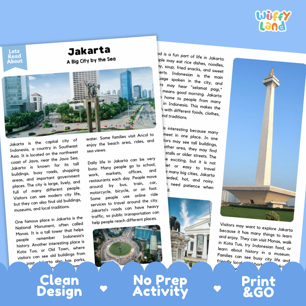 Reference sheet and answer key for Jakarta landmark reading passage displaying completed comprehension answers and Southeast Asian geography facts