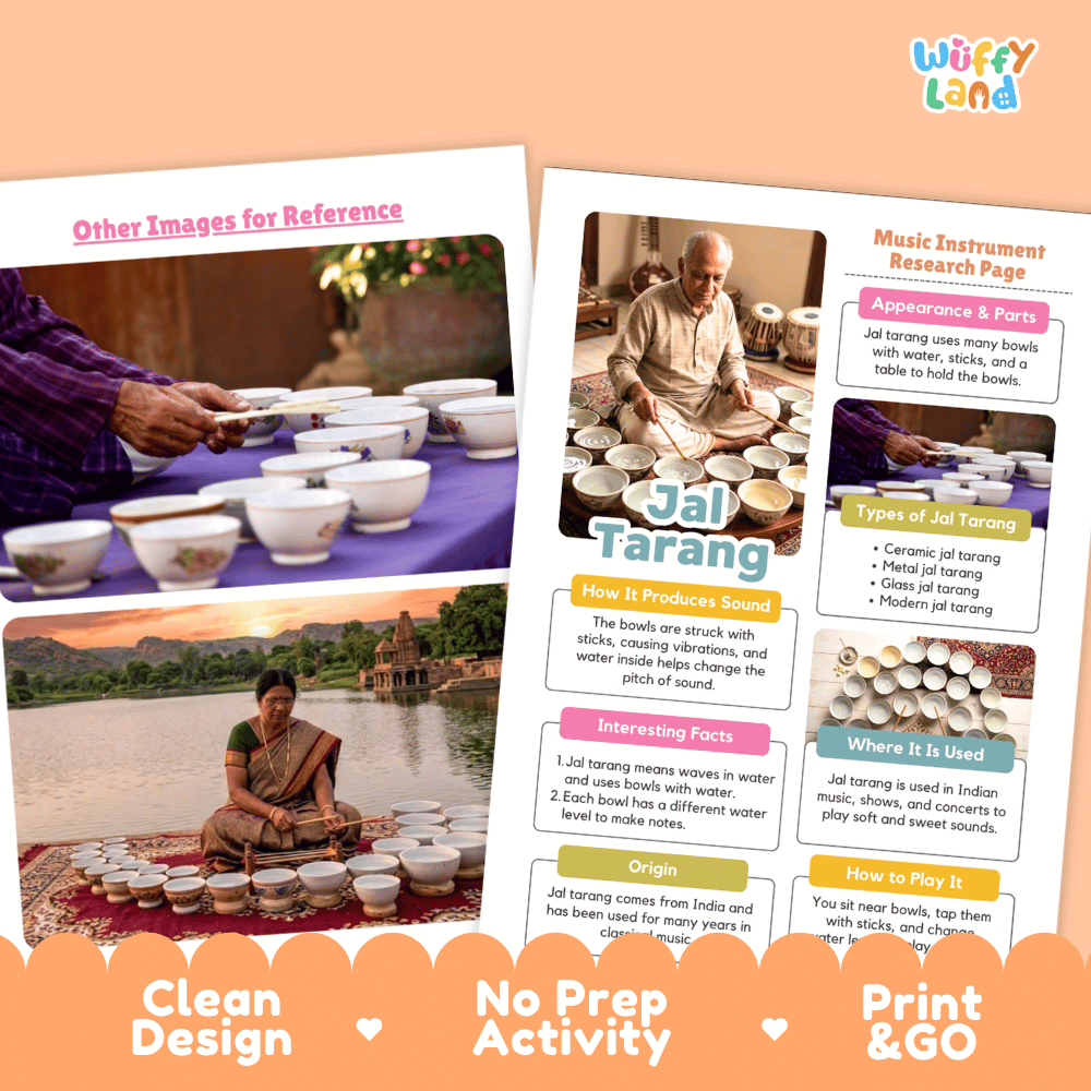Jal Tarang Music Research Page Worksheets and Information Poster