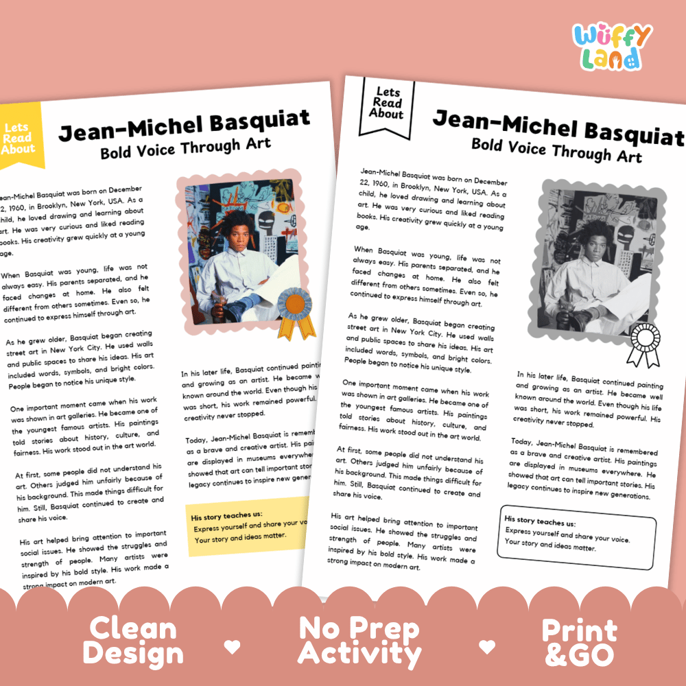Lined writing activity page with decorative border for elementary students to write about Jean-Michel Basquiat