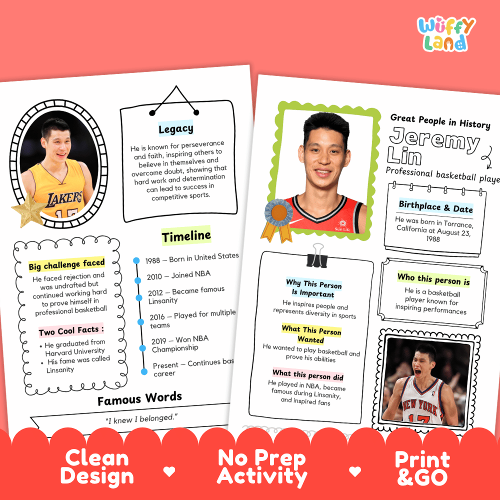 Educational biography summary worksheet featuring a chronological timeline, famous quote, and lined student writing page