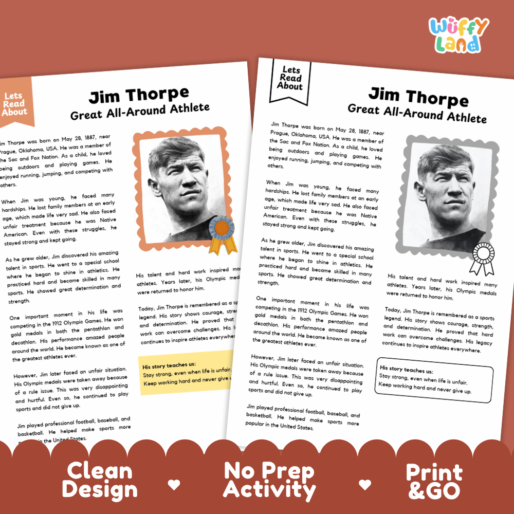 Jim Thorpe Biography Reading Passage and Writing Activity Worksheets