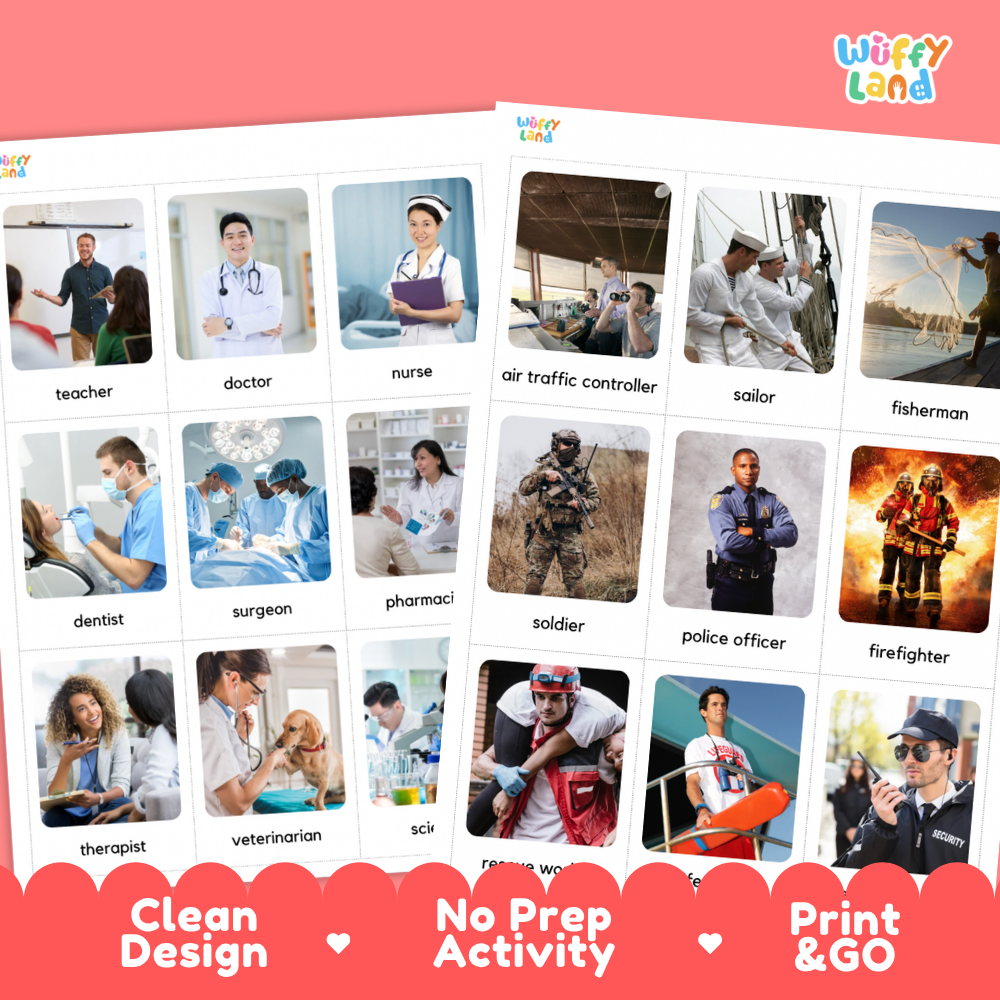 Two printed activity cards showing labeled photo tiles for occupations, with a pink header and bottom banner reading 'Clean Design,' 'No Prep Activity,' and 'Print & GO.' The cards are branded 'Wiffy Land.