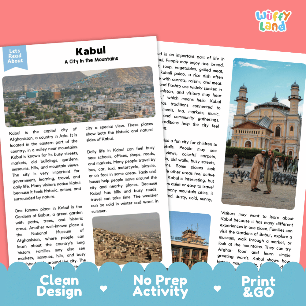 Reference sheet and answer key for Kabul landmark reading passage displaying completed comprehension answers and Afghan geography facts