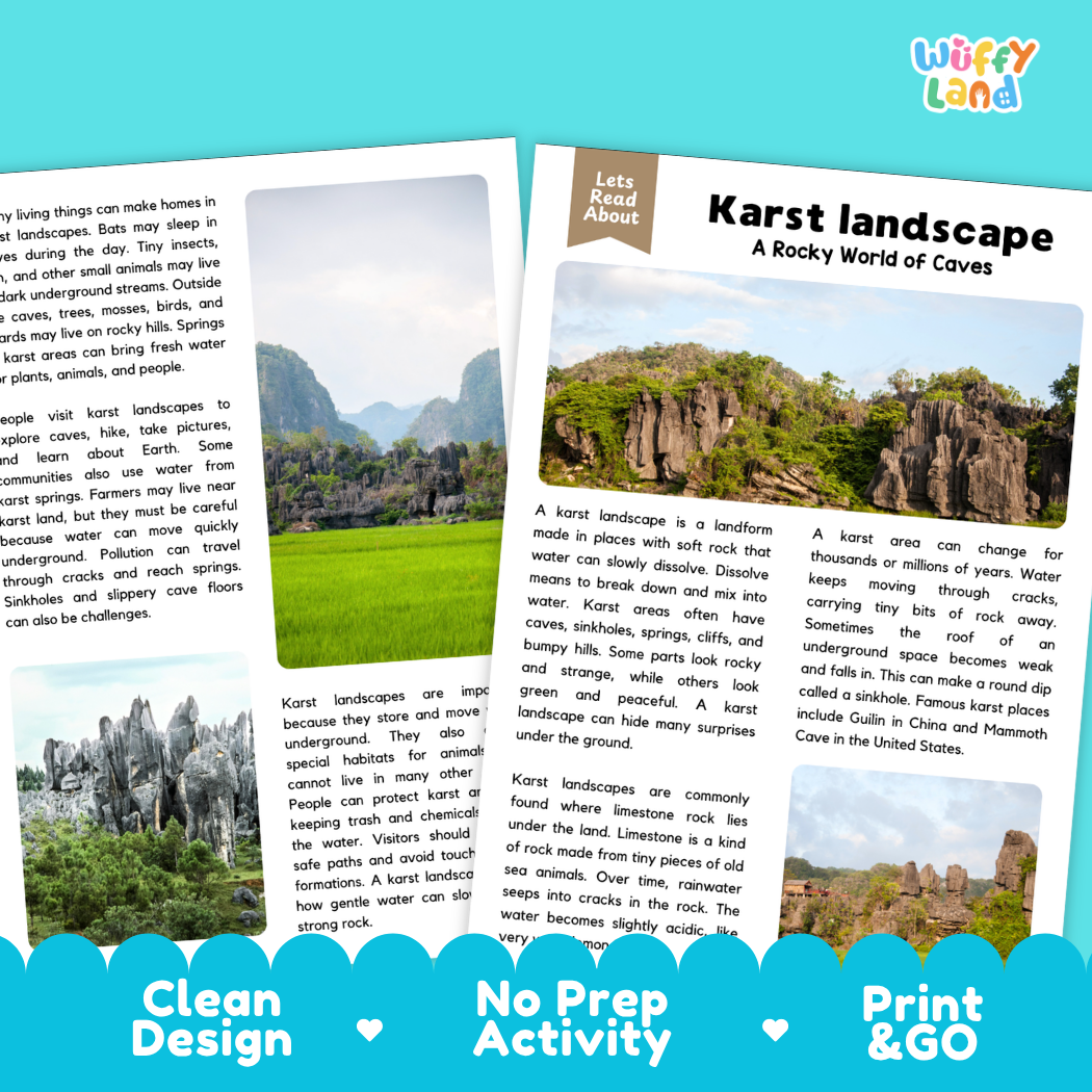 Teacher answer key page showing complete question solutions for karst landscape reading comprehension practice