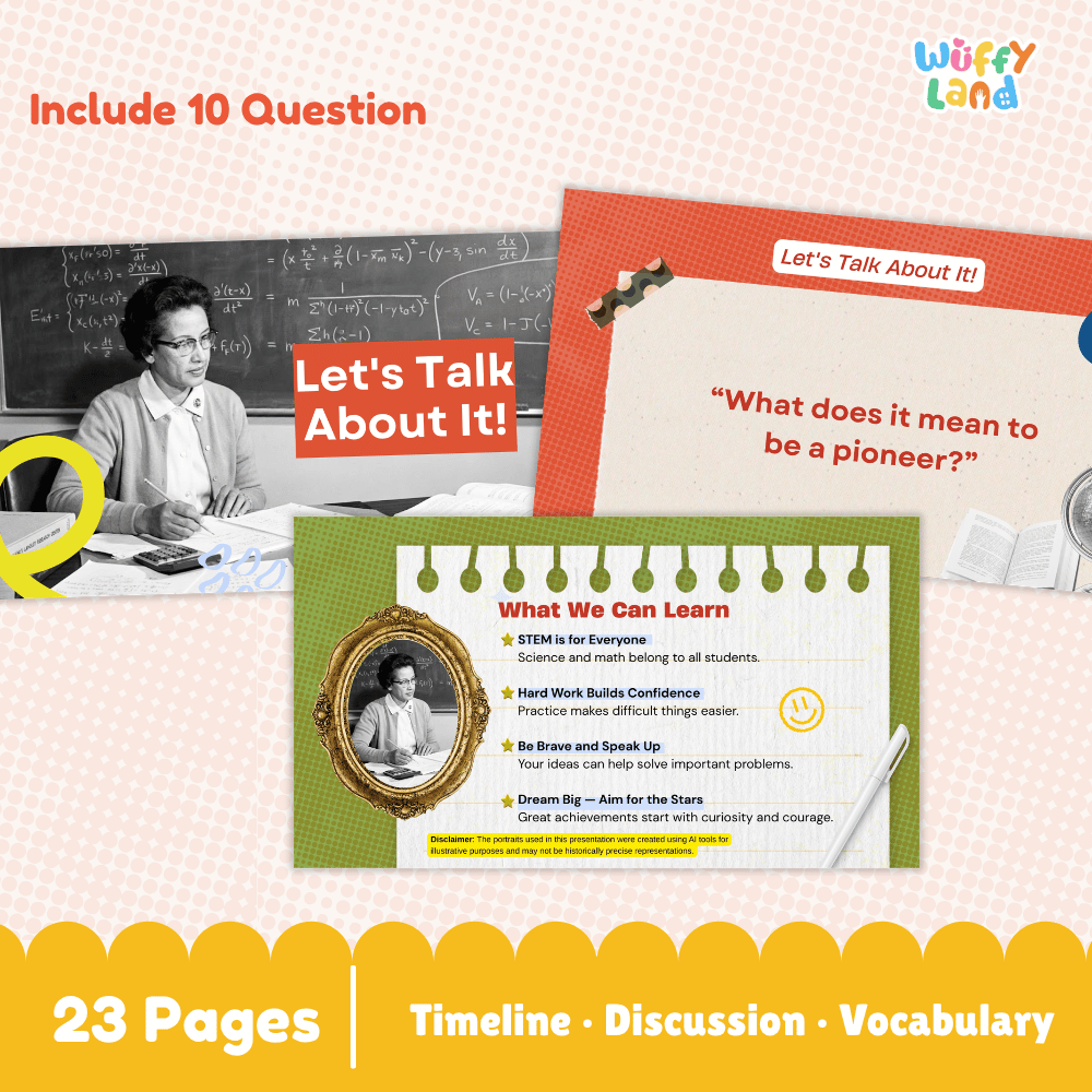 Promotional graphic for an educational timeline and discussion activity book by Wuffy Land, showing multiple colorful page previews, text reading 'Include 10 Question' and '23 Pages | Timeline · Discussion · Vocabulary', and a black-and-white photo of a person at a chalkboard.