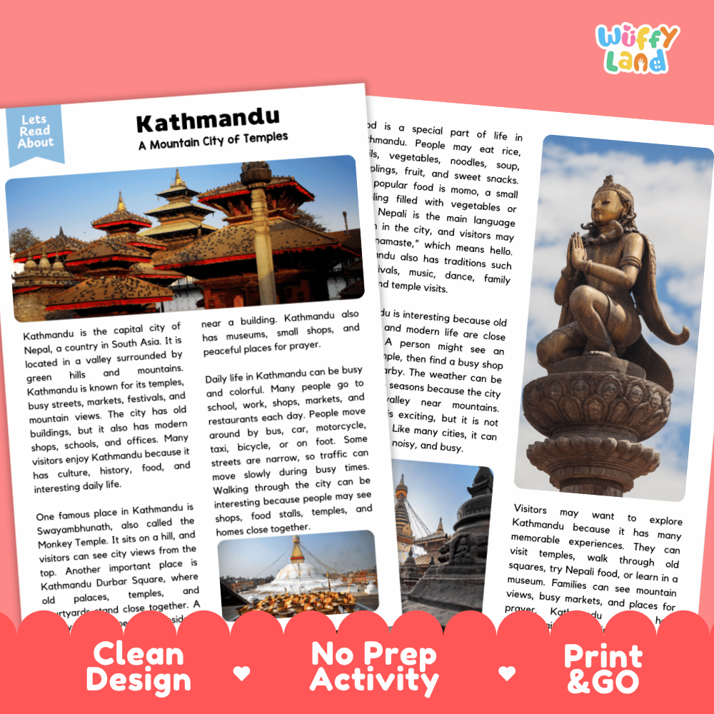 Reference sheet and answer key for Kathmandu landmark reading passage displaying completed comprehension answers and South Asian geography facts