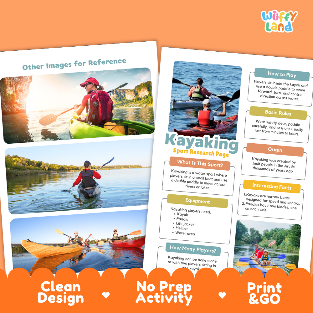 Two printed educational poster designs about kayaking, shown on an orange background with decorative banners. The posters feature multiple outdoor kayaking photos, headings like 'Other Images for Reference,' 'How to Play,' 'Basic Rules,' 'What is this sport?', 'Origin,' and 'Interesting facts,' plus the 'Wiffy Land' logo.